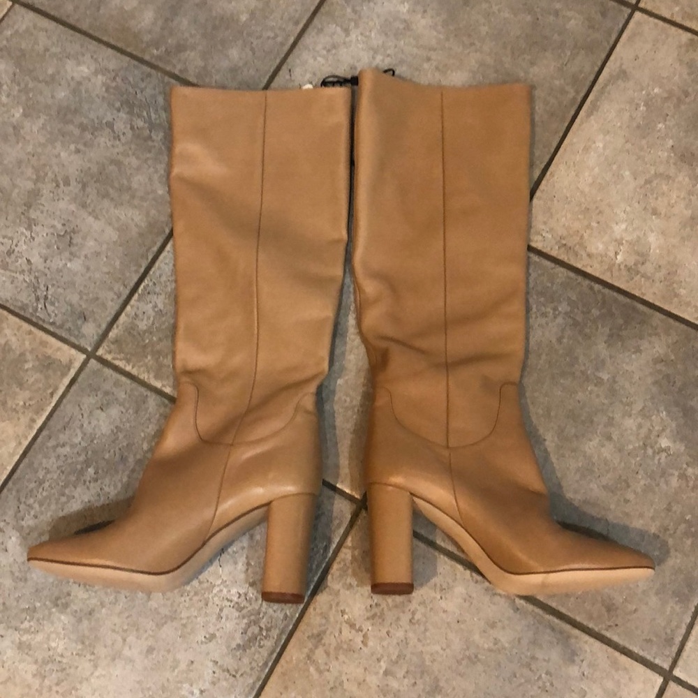 Zara beige soft leather tall boots, almond toe.